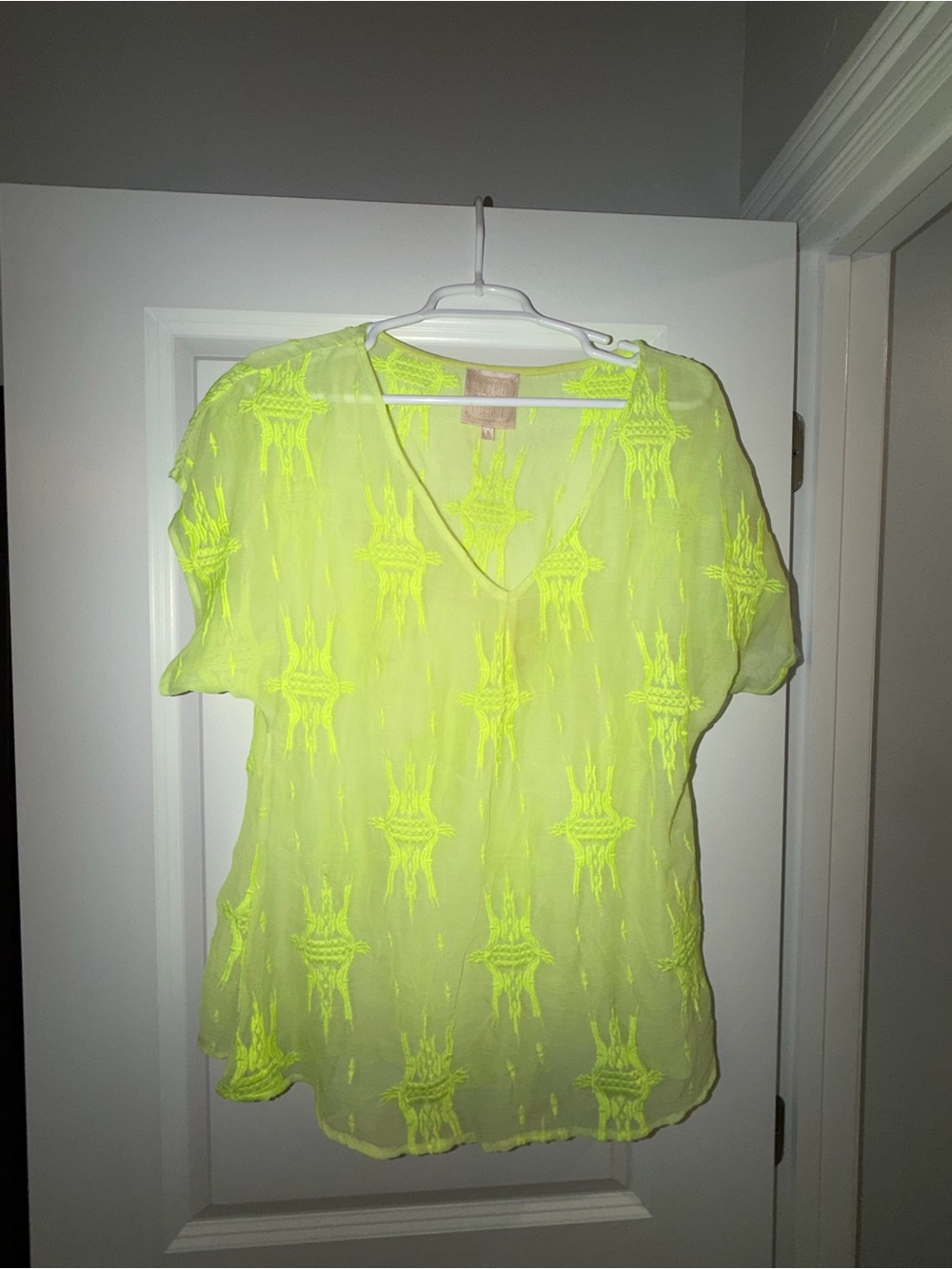 Neon Yellow Short-Sleeve V-Neck Embroidered Blouse size S